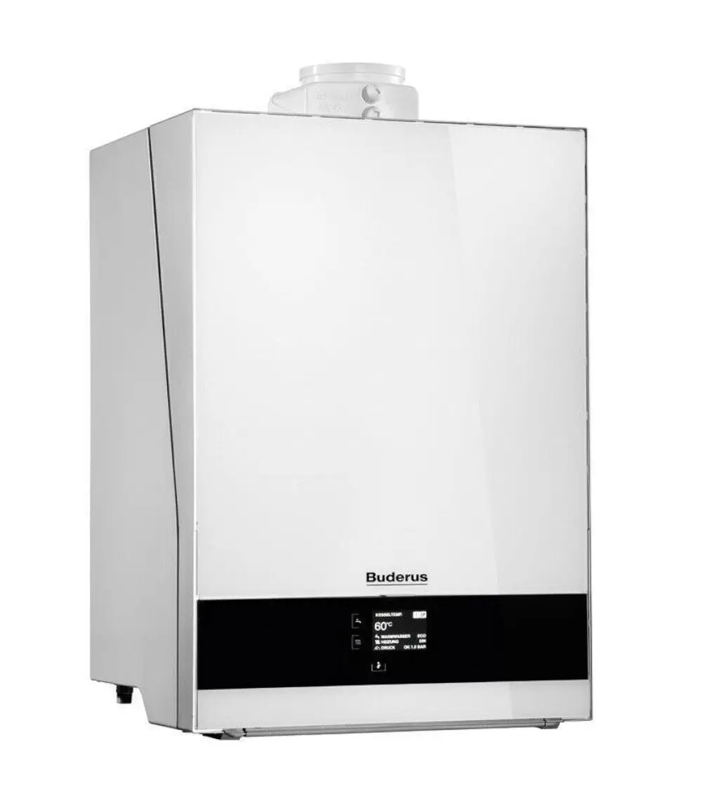 Gas-Brennwertgerät von Buderus in Weiß, kompakte Bauform, mit Digitalanzeige und Steuerungselementen, ohne Warmwasserbereitung erkennbar.